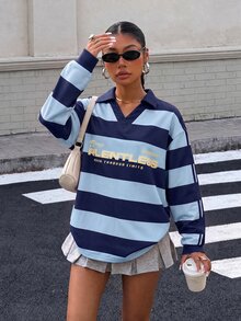 Muchica Women's Letter Pattern Patchwork Color Casual Daily Long Sleeve Sweatshirt - Multicolor - View 4