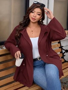 SHEIN Clasi Plus Size Zipper Pocket Long Sleeve Hooded Jacket For Daily Wear Autumn Casual Smart Fall - Burgundy - View 7