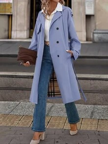 Editum 女款優雅法式插肩袖長袖雙排扣長版防水休閒風衣，秋季旅行商務辦公穿搭，卡其色 - 霧霾藍 - 查看 4