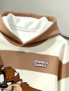 LOONEY TUNES X SHEIN Daypath Men's Plus Size Letter Striped Long Sleeve Casual Hoodie - Brown - View 4