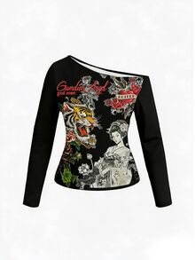 ROMWE Avant Plus Size Women's Asymmetrical Shoulder Tiger Graphic Casual Daily Long Sleeve T-Shirt - Black - View 1