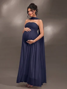 Cheriluna Maternity Elegant Ruffle Detail Solid Color Off-Shoulder Sleeveless Maternity Dress For Baby Shower, Christmas Party - Royal Blue - View 5