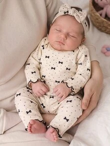 SHEIN 新生兒蝴蝶結印花長袖上衣與長褲居家服 - 黑與白 - 查看 6
