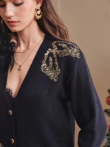 Anewsta Cardigan Rajut Wanita Premium Musim Gugur/Dingin Berhiaskan Payet, Kasual untuk Perjalanan, Leher V, Bagian Depan Terbuka - Navy Blue - View 5