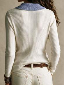 SHEIN Women Contrast Collar V-Neck Ribbed Knit Sweater, Long Sleeve Slim Fit Twist Hem Knit Pullover Top - Blue and White - View 2