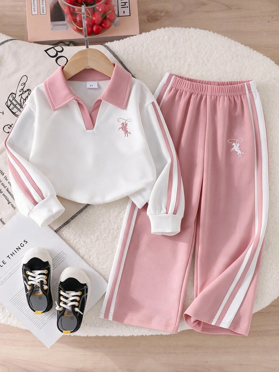 SHEIN 2件組幼女波羅衫長褲套裝,可愛甜美粉白條紋獨角獸刺繡,長袖翻領,合身款,生日派對秋季Y2K芭蕾寬鬆風 - 粉色 - 查看 1