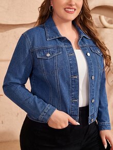 EMERY ROSE Plus Size Street Style Button Long Sleeve Fashion Denim Jacket - Light Wash - View 5
