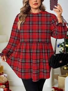 SHEIN CURVE+ Plus Size Casual Ruffle Collar Leopard Print T-Shirt, Autumn Leopard Print Top - Red - View 3