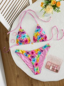 Swim MOD 兩件式春夏度假隨機印花海洋貝殼飾品掛脖三角比基尼上衣與比基尼褲頭可正反穿花紋比基尼套裝 性感女款泳衣套裝 - 彩色 - 查看 3