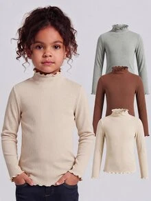 3pcs Tween Girls' Casual All-Match Solid Color Ribbed Lettuce Trim Mock Neck T-Shirts - Multicolor - View 3