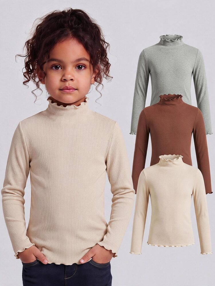 3pcs Tween Girls' Casual All-Match Solid Color Ribbed Lettuce Trim Mock Neck T-Shirts - Multicolor - View 3