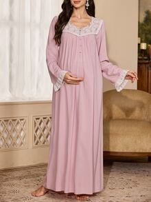 PalaceNights Royal Style Embroidered Lace Trim Long Loose Maternity Nightgown - Dusty Pink - View 6