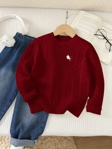 SHEIN Kids Young Boy Knit Solid Color Cable Knit Crew Neck Casual Autumn Winter Sweater, Classic Stripes, Small Horse Logo - Burgundy - View 1