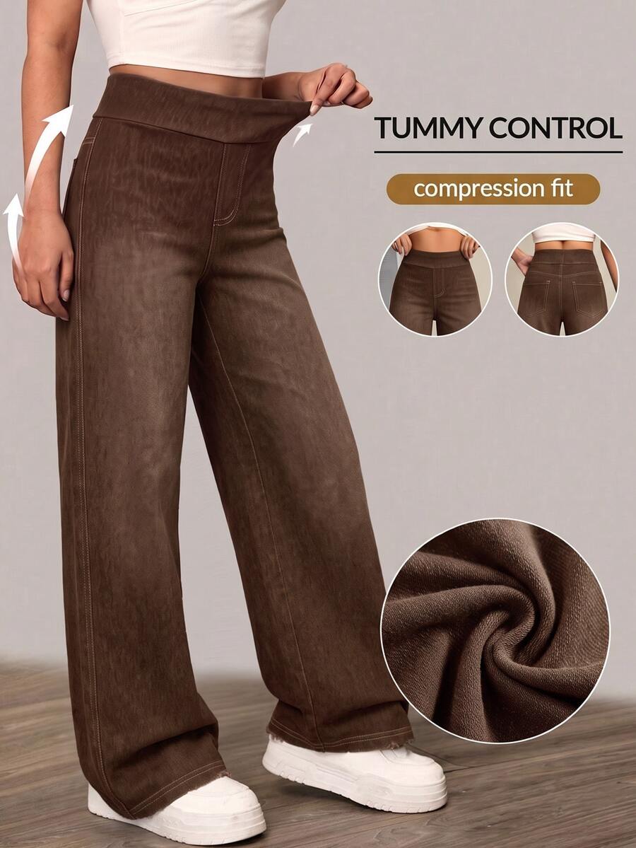 Tween Girl Fashion Elastic Waist Loose Straight Leg Denim Jeans - Brown - View 1