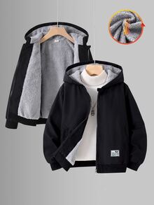 SHEIN 男孩大號黑色夾克，灰色抓絨內裡，舒適簡約休閒百搭，適合外出，適合秋冬穿著 - 黑色 - 查看 1