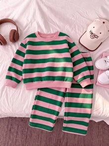 女嬰綠色與粉色條紋保暖內裡圓領運動衫套裝 - 彩色 - 查看 3