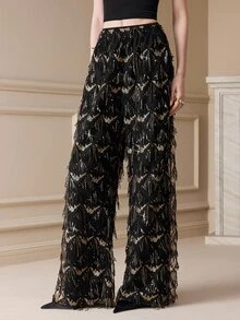 Arave Women's Mesh Embroidery Sequin High Waist Straight Leg Diamond Grid Tassel Embroidery Sequin Design Elegant Date Long Pants - Black - View 1