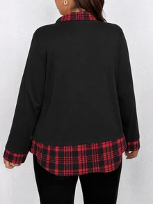 SHEIN Clasi 大尺碼女款復古聖誕紅黑格紋假兩件式上衣，磨毛針織拼接翻領長袖圓弧下擺休閒襯衫 - 黑色 - 查看 2