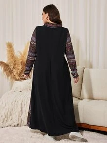 Lacomfia Minimalist Casual Solid Color Patchwork Print High Neck Long Sleeve Loose Regular Fit Plus Size Dress For Spring And Autumn - Multicolor - View 2