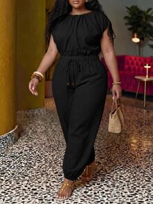 Veslaya Spring/Summer Women's Plus Size Pleated Top And Drawstring Waist Long Pants Set - Black - View 5