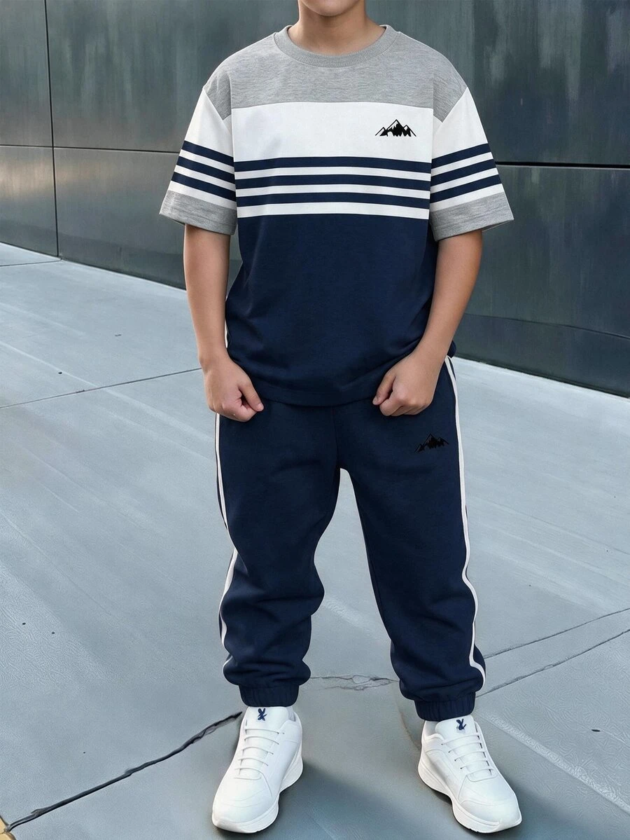 青少年男孩休閒舒適時尚極簡圓領短袖T恤與長褲套裝 - 彩色 - 查看 1