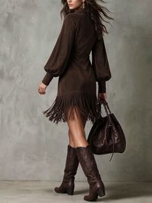 LUMIGAL Women's V-Neck Lantern Long-Sleeved Suede Tassel Patchwork Mini Dress, Western Style - Brown - View 2