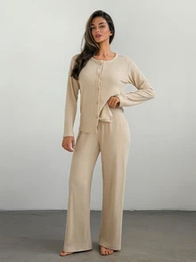 DAZY Women's Solid Color Long Sleeve Single-Breasted Top And Pants Pajama Set - Apricot - View 6