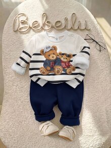 SHEIN 新生兒條紋拼接配色長袖衛衣與慢跑褲套裝 - 藍色 - 查看 9
