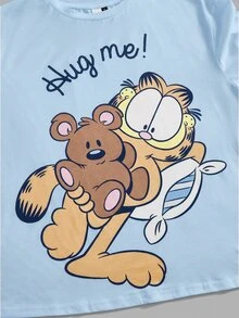 GARFIELD | SHEIN 大尺碼卡通貓咪印花圓領短袖上衣與短褲睡衣套裝，夏季穿搭 - 藍色 - 查看 4
