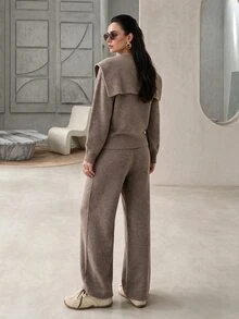 Rue Lumi Women's Autumn/Winter 2 Pieces Set Round Neck 2 In 1 Navy Collar Long Sleeve Sweater Set - Khaki - View 2