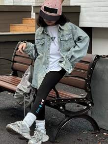 Dazy Kids 青少年女孩愛心印花休閒修身緊身褲 - 黑色 - 查看 5