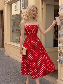 SHEIN MOD Vintage French Classic Ruched White And Black Polka Dot Spaghetti Strap Midi Dress Vacation Summer - Dark Red - View 3