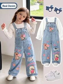 SHEIN Young Girls Fall/Winter Y2k Chic Cartoon Capybara Ripped Denim Loose Overalls,For Kids Girls Daily&Streetwear Outfits,Girls Christmas&Birthday Outfits - Blue - View 1