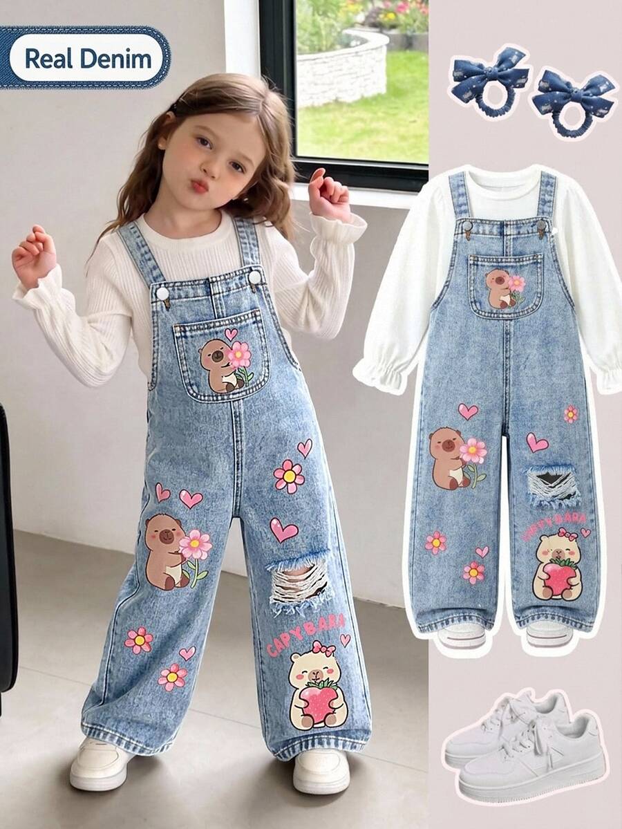 SHEIN Young Girls Fall/Winter Y2k Chic Cartoon Capybara Ripped Denim Loose Overalls,For Kids Girls Daily&Streetwear Outfits,Girls Christmas&Birthday Outfits - Blue - View 1