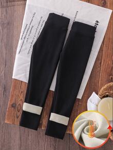 SHEIN 2pcs Girls' Autumn/Winter Bow Embroidered Pattern Fleece Leggings, Suitable For Daily Casual Wear - Multicolor - View 3