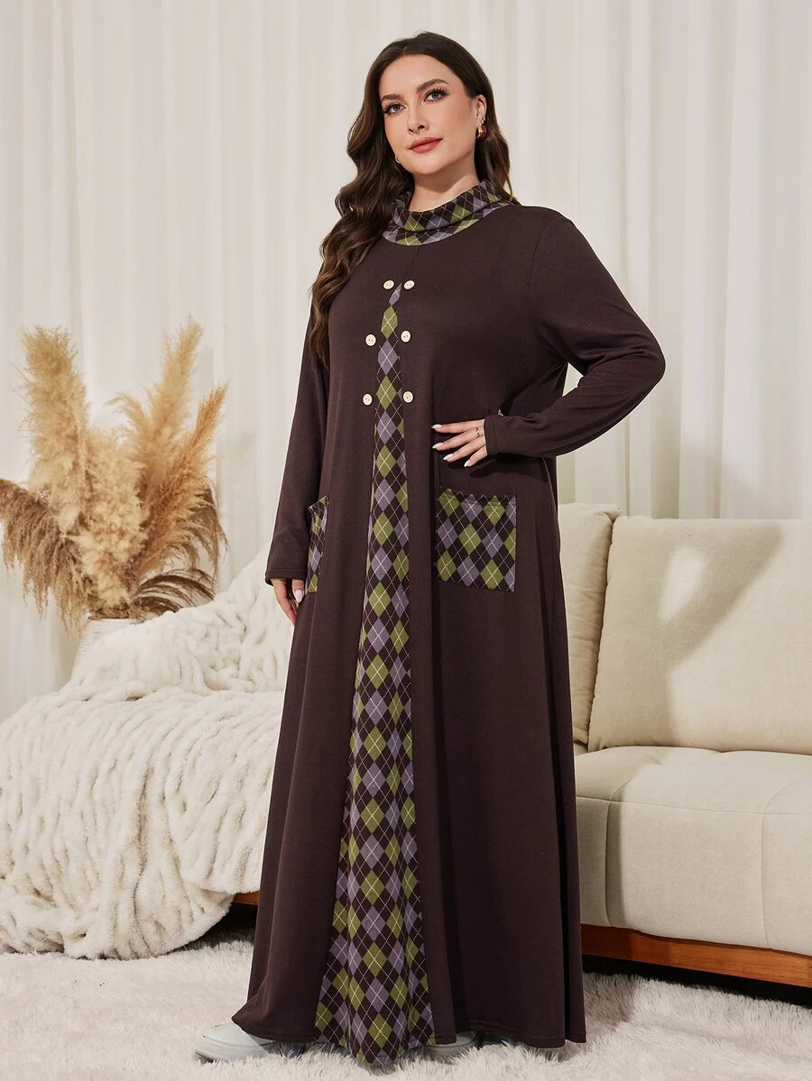 Lacomfia Minimalist Casual Solid Color Patchwork Geometric High Neck Long Sleeve Loose Regular Fit Spring Autumn Plus Size Dress - Chocolate Brown - View 1
