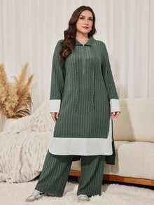 Lacomfia Plus Size Women's Colorblock Zipper Half-Placket Long Sleeve Long Top And Wide Leg Pants Casual 2 Pieces Set - Olive Green - View 1