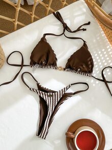 Swim Mod 女款 26 春夏新款條紋布料三角杯鉚釘三角比基尼泳衣 2 件套 海灘度假 - 彩色 - 查看 4