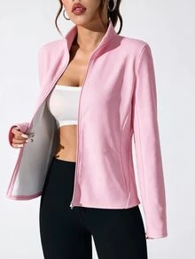 SHEIN Sovereign Charm 女款純色長袖前拉鍊休閒舒適運動夾克 - 粉色 - 查看 3