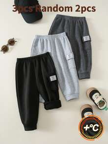 SHEIN 2pcs/Pack Celana Olahraga Bayi Laki-laki dengan Kantong Kargo dan Manset, Bahan Fleece Tebal, Celana Olahraga Musim Dingin - Grey - View 8