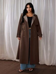 Rustia Plus Size Casual PU Leather Patchwork Plaid Trench Coat Fall - Brown - View 4