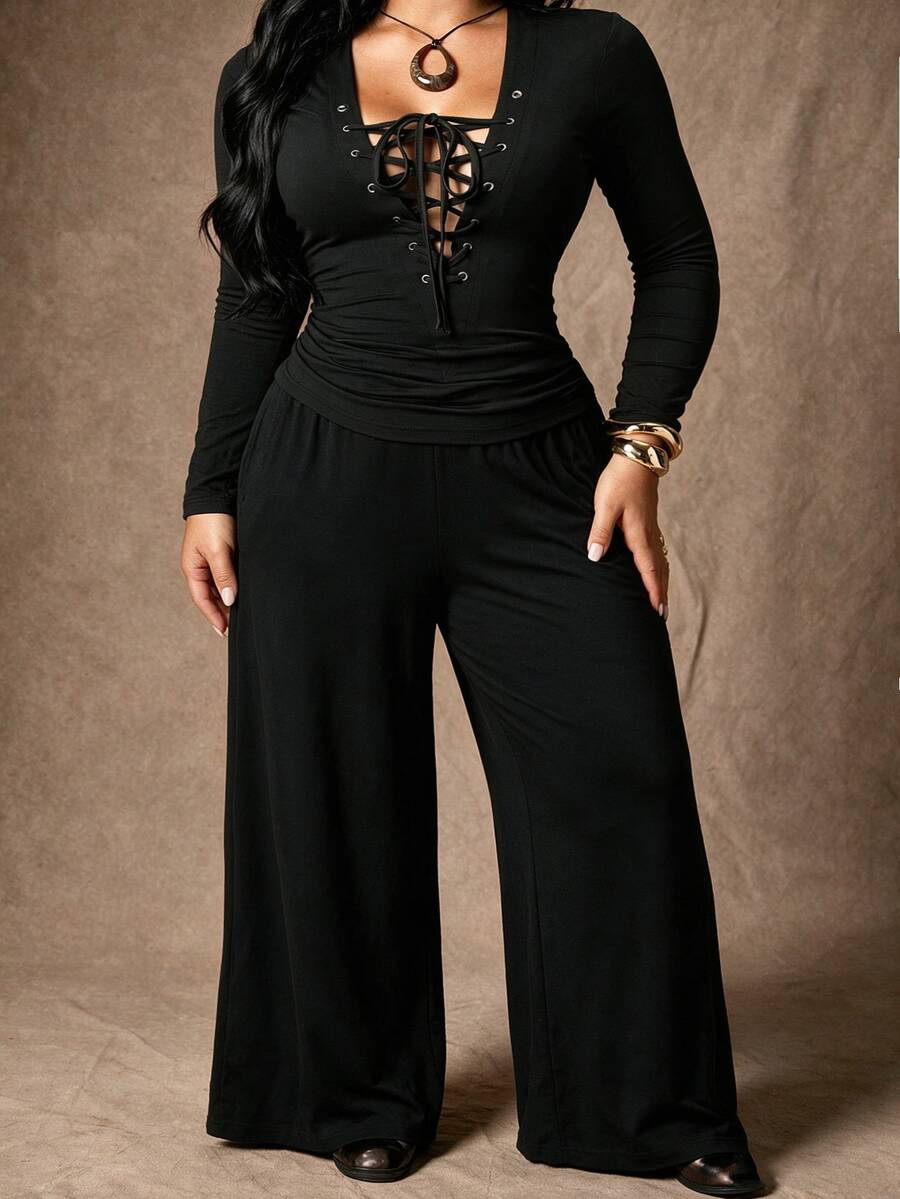 Rustia Plus Size V-Neck Grommet Tie Decor Long Sleeve T-Shirt & Wide Leg Pants 2 Pieces Set Fall - Black - View 1