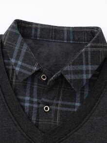 Manfinity Homme 男士格子拼接保暖內裡長袖上衣，秋冬保暖 Polo 男士格子袖長袖上衣 - 黑色 - 查看 5