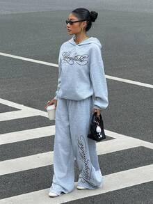 Attitoon 休閒極簡女款 2 件式運動衫套裝，英文圖案印花，街頭風酷感高端簡約機車工裝風，時尚 Y2K 校園風返校穿搭，青年休閒風社團服飾 - 灰色 - 查看 6