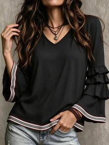 Omancia Atasan Wanita Kasual Longgar Leher V dengan Lapisan Ruffle Lengan Lonceng dan Hiasan Pita Warna Hitam - Hitam - View 3