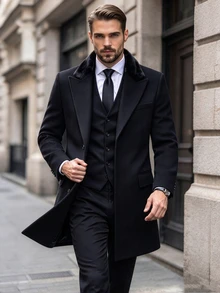 Manfinity Homme Men's Solid Color Pocket & Button Front Long Sleeve Overcoat, Autumn Fall Going Out Overcoat, For Friends, Husband, Boyfriend Gifts, Winter Ceremony - Black - View 4