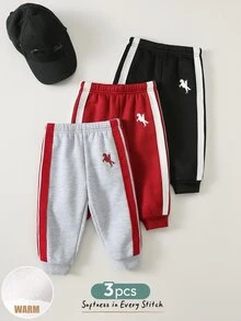 Cozy Pixies 3件組嬰兒男孩女孩可愛秋冬休閒百搭純色側條紋鬆緊腰慢跑長褲，百搭長褲多件組 - 彩色 - 查看 3
