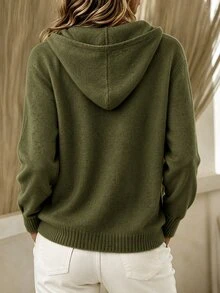 SHEIN 女款抽繩連帽針織開襟外套，秋季鈕扣前襟休閒毛衣 - 軍綠色 - 查看 2