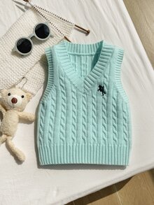 SHEIN 女童粉色刺繡背心毛衣，圓領，適合搭配裙子，適合秋冬春夏穿著的套頭衫 - 薄荷綠 - 查看 3