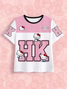 HELLO KITTY AND FRIENDS | SHEIN تي شيرت بأكمام قصيرة مطبوع بنمط كرتوني لطيف للفتيات المراهقات - أبيض - مشاهدة 7